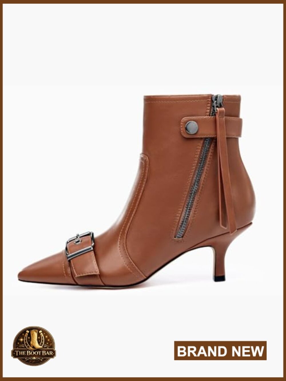Womens Kitten Heel Ankle Boots Pointed Toe Buckle Side Zip Tassel - Picture 4 of 7